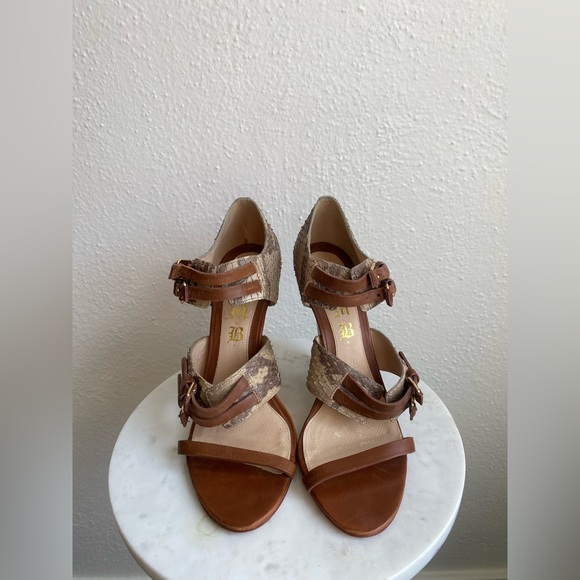 L.A.M.B Women Tan Brown Platform Pumps Snake Embossed High Heels Sandals - Picture 5 of 7